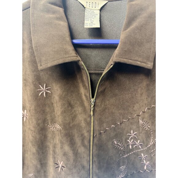 Teddi Embroidered Brown Jacket XL Polyester Spandex Zip-Up Floral Decorations - Picture 4 of 11